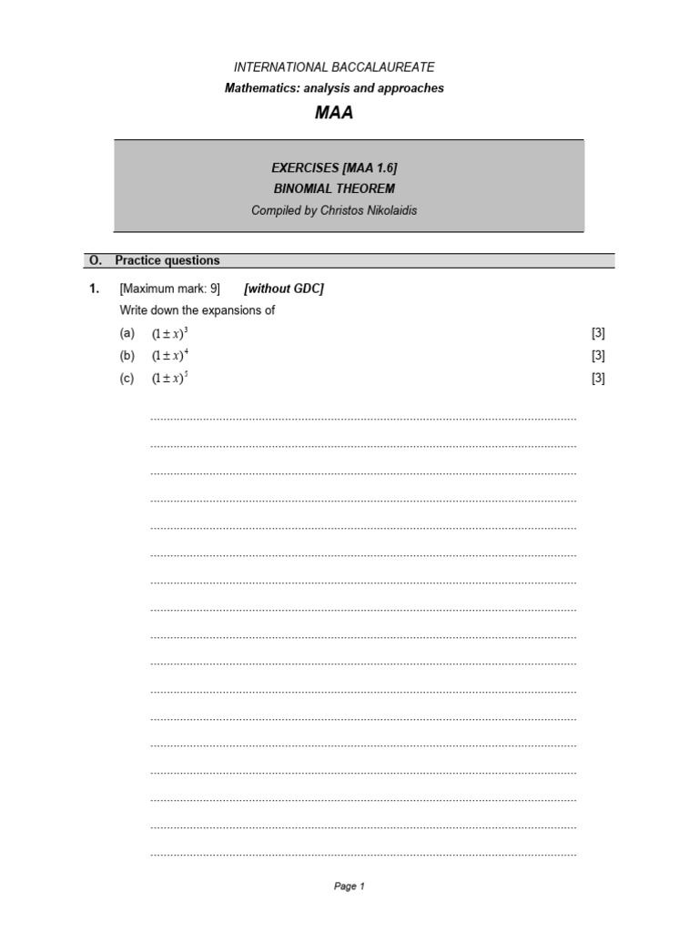 Binomial Theorem Exercises for IB Math | PDF | Mathematical Objects ...