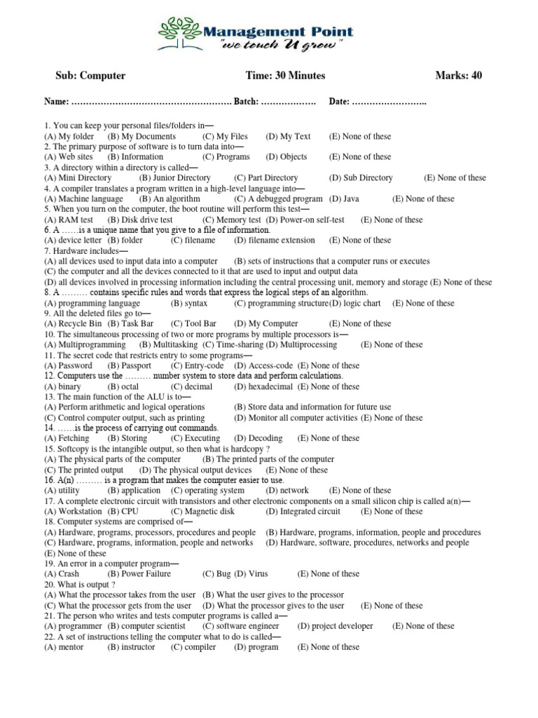 Computer Basics Quiz Questions | PDF | Programming | Computer Program