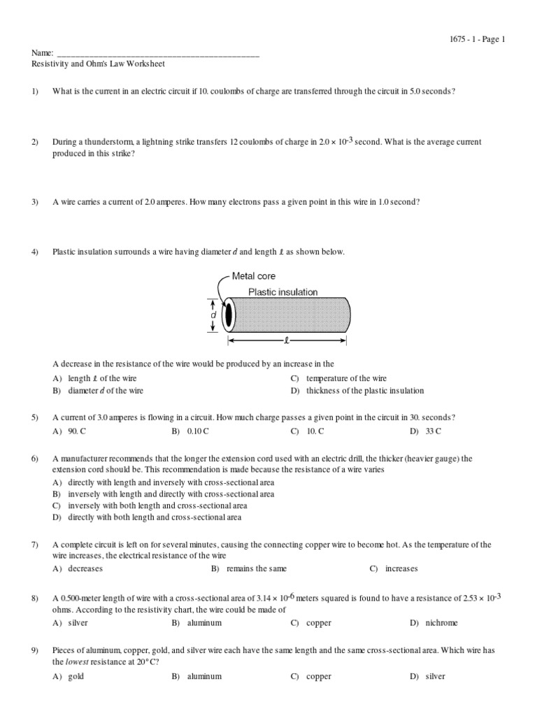 Resistivity and Ohms Law Worksheet PDF Electrical Resistance And