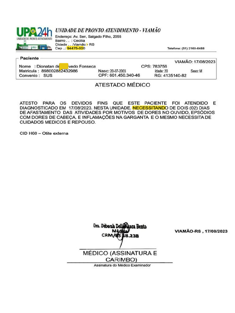 Atestado Médico UPA Viamão - Otite Externa | PDF