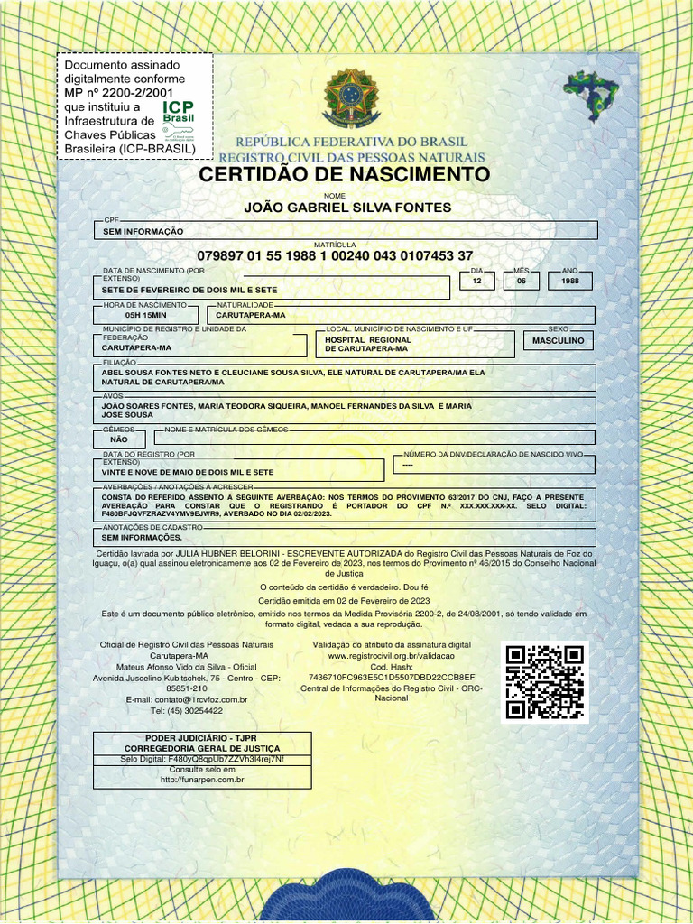 Certidão de Nascimento João | PDF