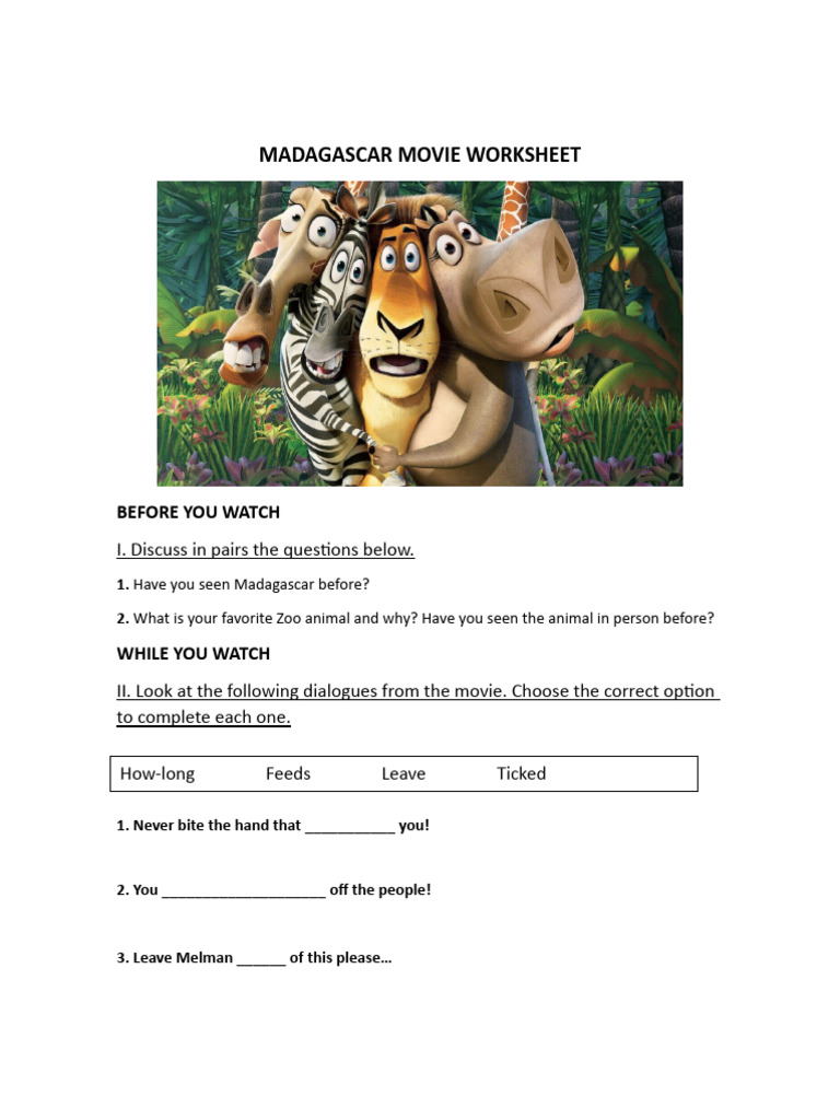 Madagascar Movie Worksheet Activities | PDF | Language Arts & Discipline