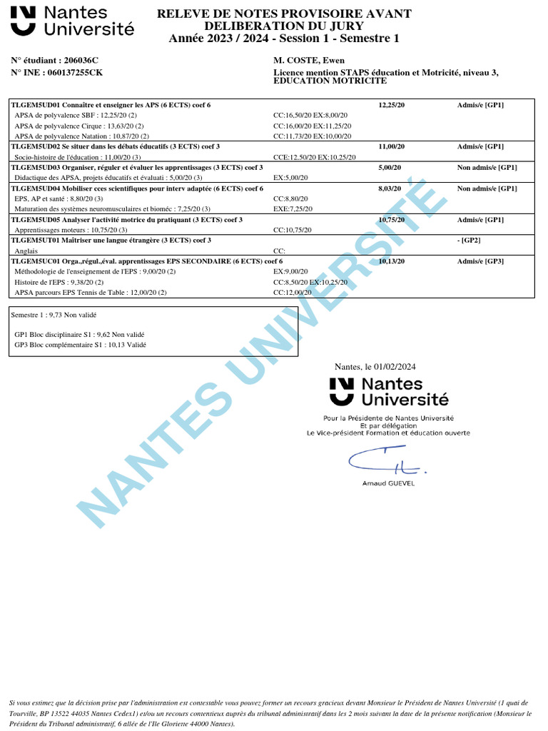 Relevé de notes provisoire 2023/2024 | PDF