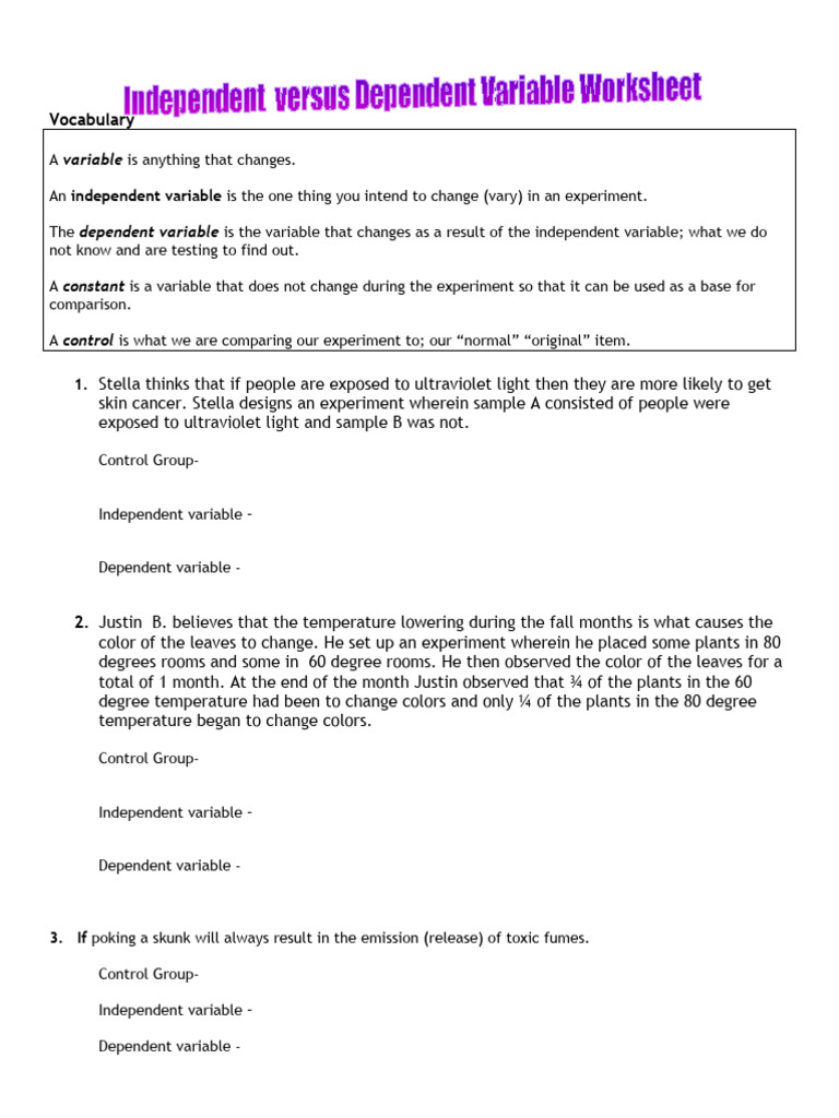 Ind and Dep Variables Worksheet | PDF | Experiment | Plants