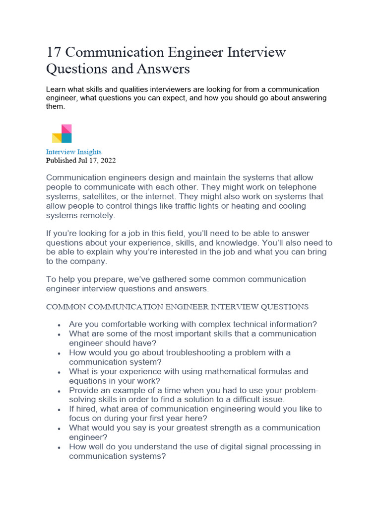 17 Communication Engineer Interview Questions and Answers PDF