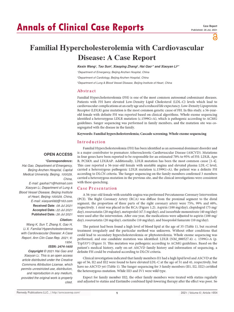 Familial Hypercholesterolemia With Cardiovascular Disease A Case Report ...