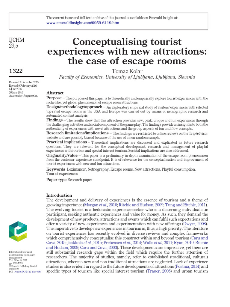 Exploring Tourist Experiences in Escape Rooms | PDF | Experience | Flow ...