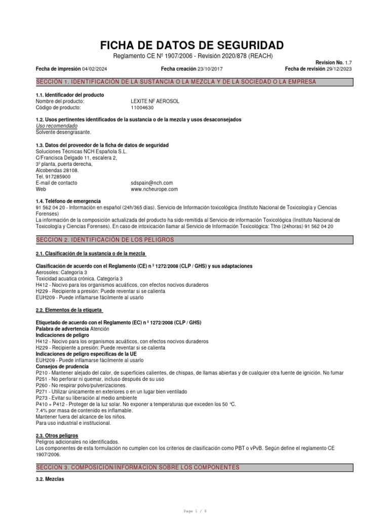 Ficha de Seguridad LEXITE NF Aerosol | PDF | Toxicología | Ciencias fisicas