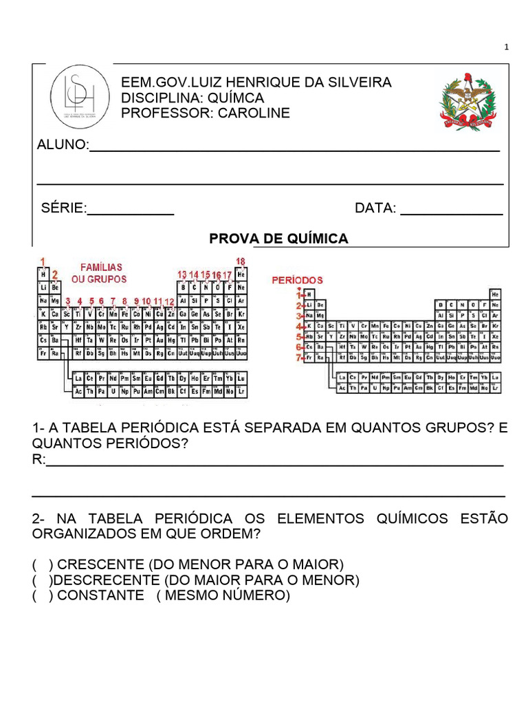 Prova de Química: Tabela Periódica | PDF | Ciências e Matemática