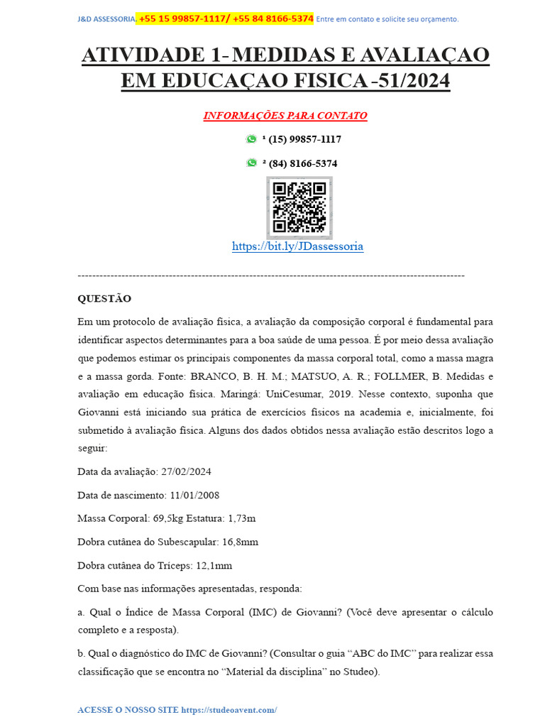 Atividade 1 - Medidas e Avaliaçao em Educaçao Fisica - 51-2024 | PDF