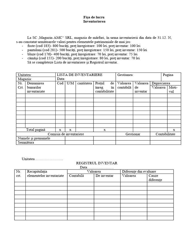 Fisa de Lucru Inventarierea | PDF