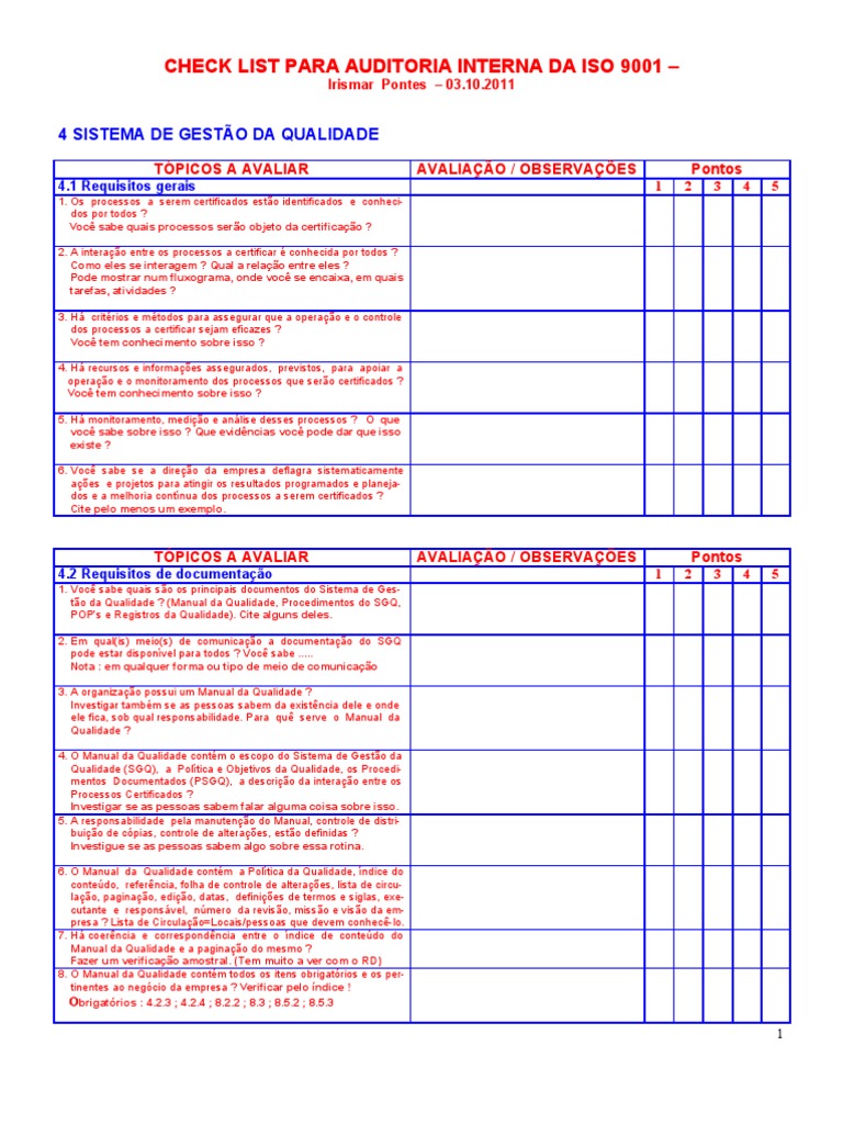Check List Auditoria Interna ISO 9001 | PDF | Negócios
