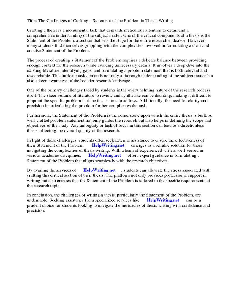 Sample Statement of The Problem in Thesis Writing | PDF | Thesis | Essays