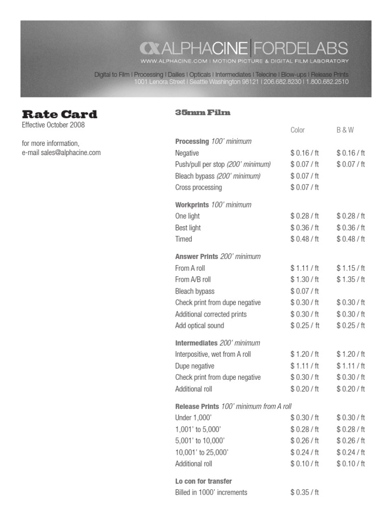 Alpha Cine Film Processing Rate Card | PDF | Collection Agency | Fee