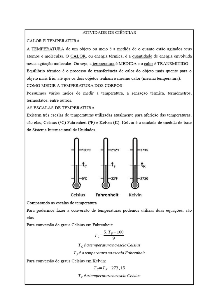 Atividade sobre Calor e Temperatura 7º Ano | PDF | Temperatura | Calor