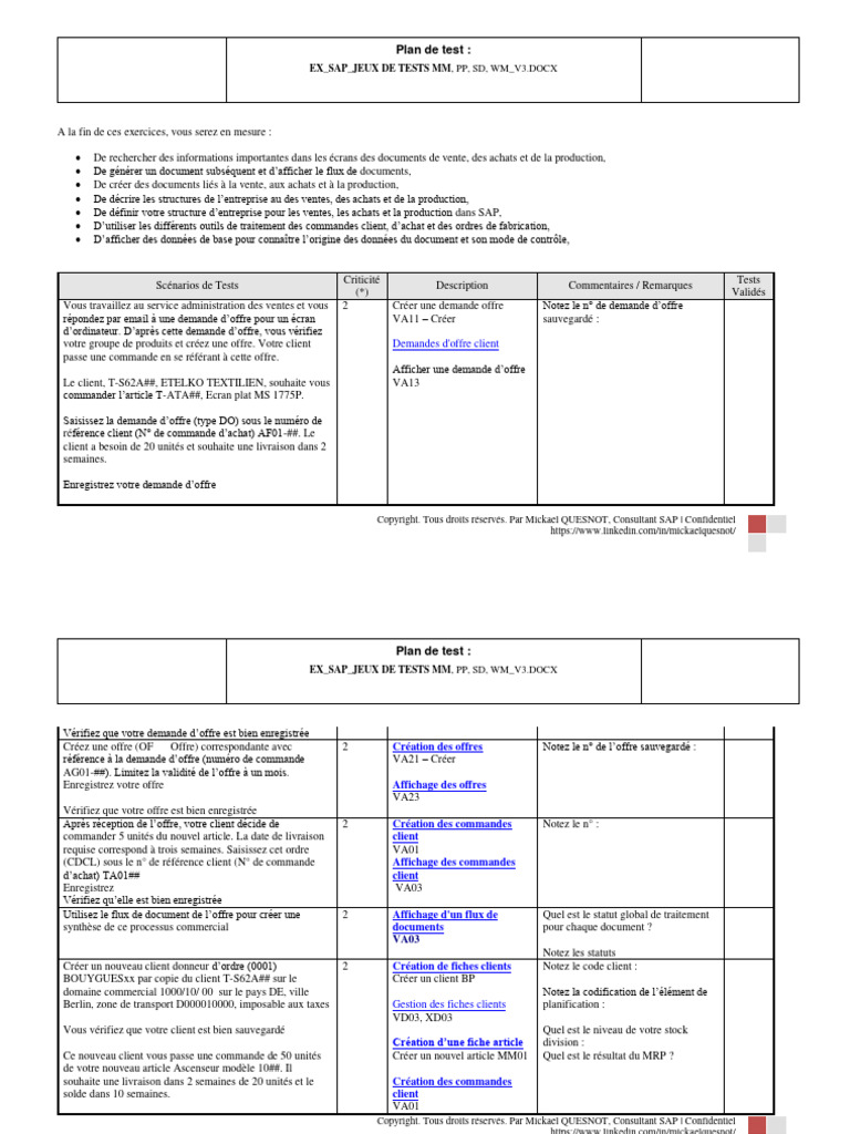 Ex - Plan - Test - Sap - Jeux de Tests MM, PP, SD, WM - v3 | PDF ...