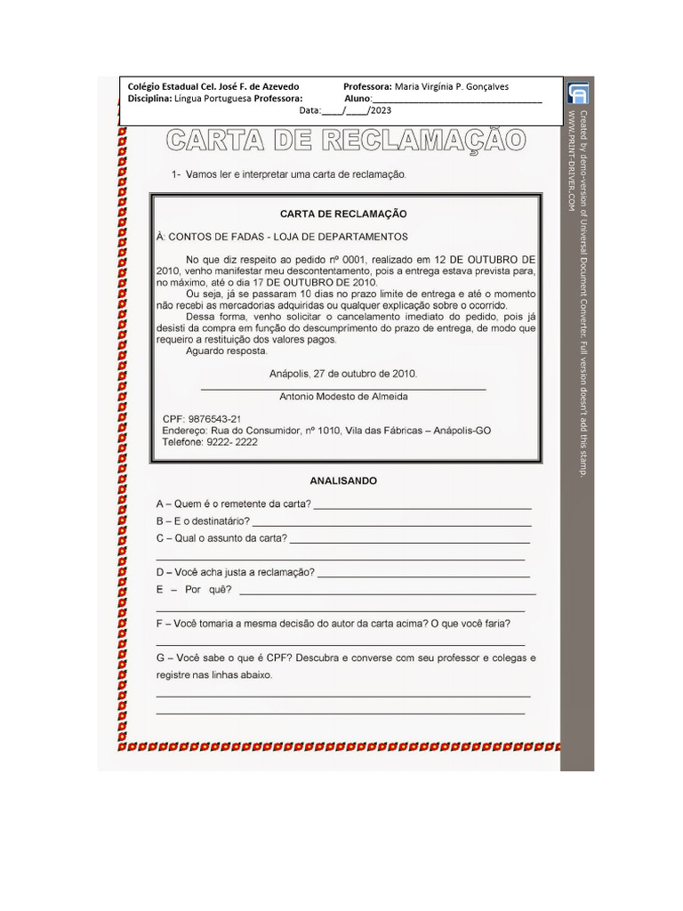 ATIVIDADE CARTA DE RECLAMAÇÃO | PDF