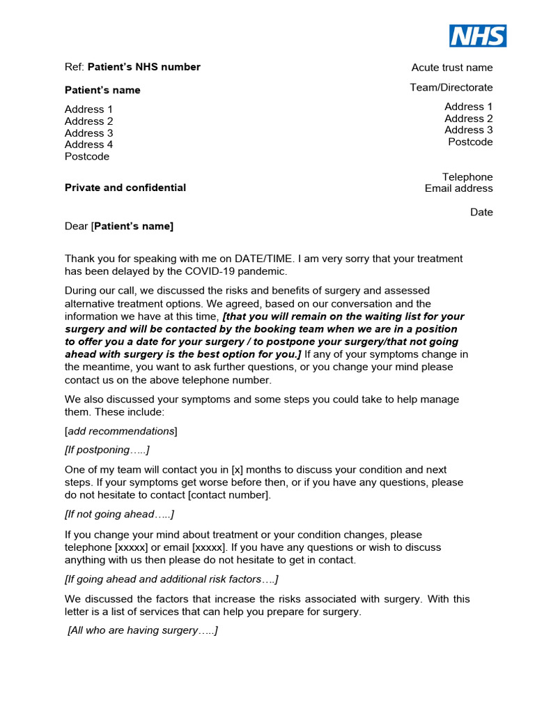 Standard Letter To Patient Following Waiting List Review To Be Copied