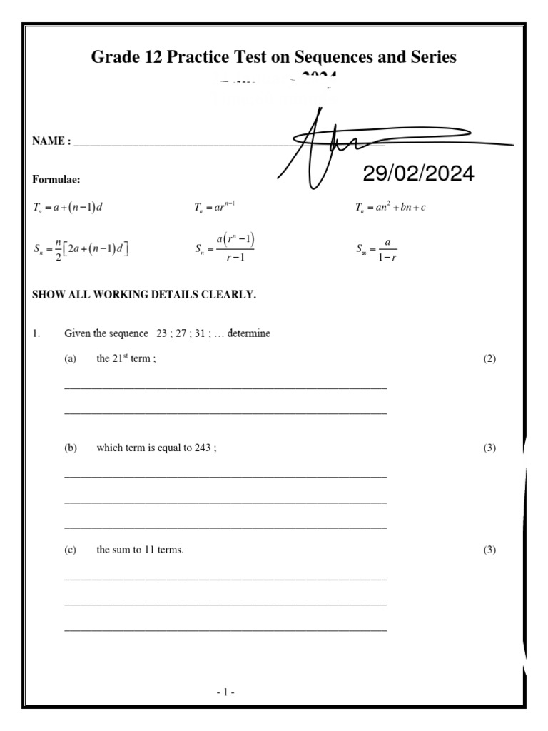 Grade 12 Sequences and Series Test | PDF | Elementary Mathematics ...