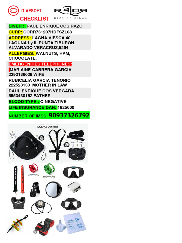 Diver Checklist and Emergency Info | PDF | Scuba Diving | Gases