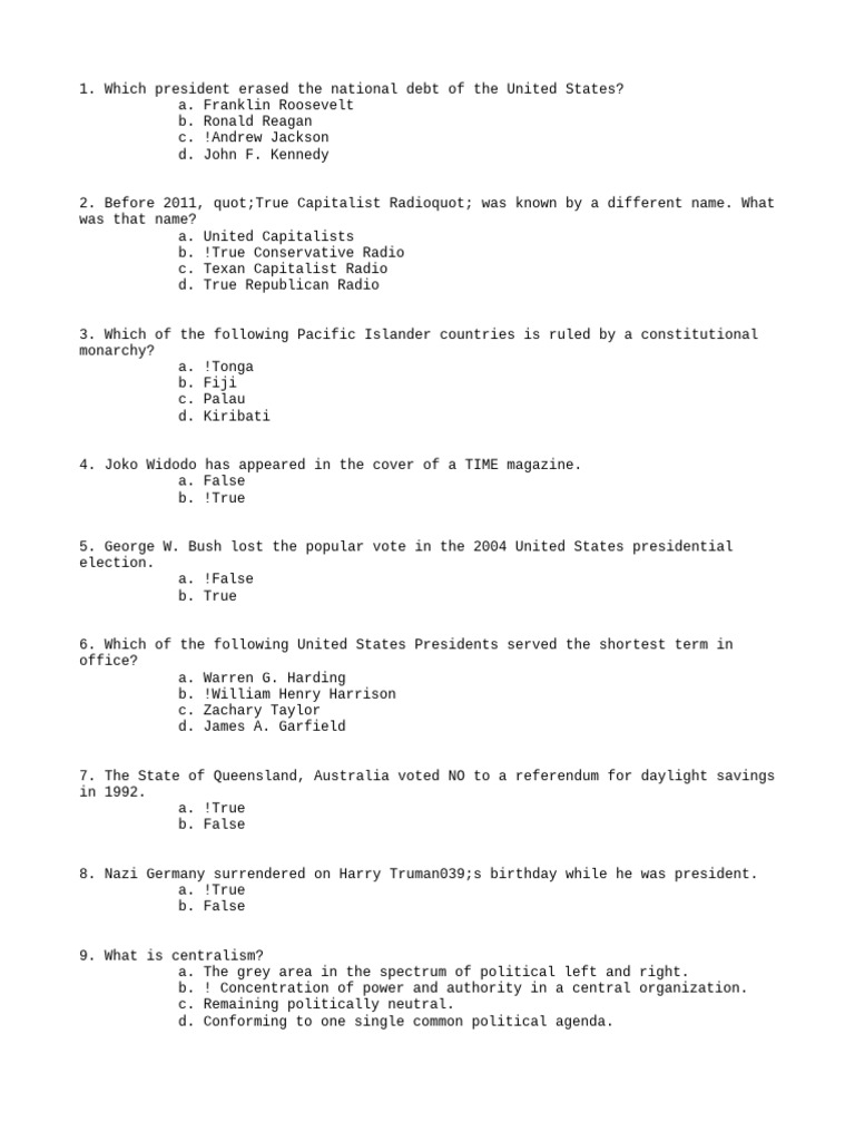 US Presidents and Historical Trivia Quiz | PDF | Presidents Of The ...