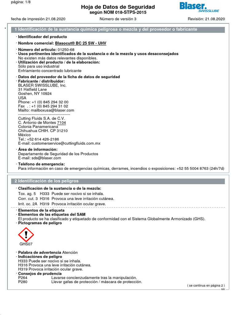 SDS Blasocut BC 25 SW 01250-68 MX | PDF | Toxicidad | Sustancias químicas