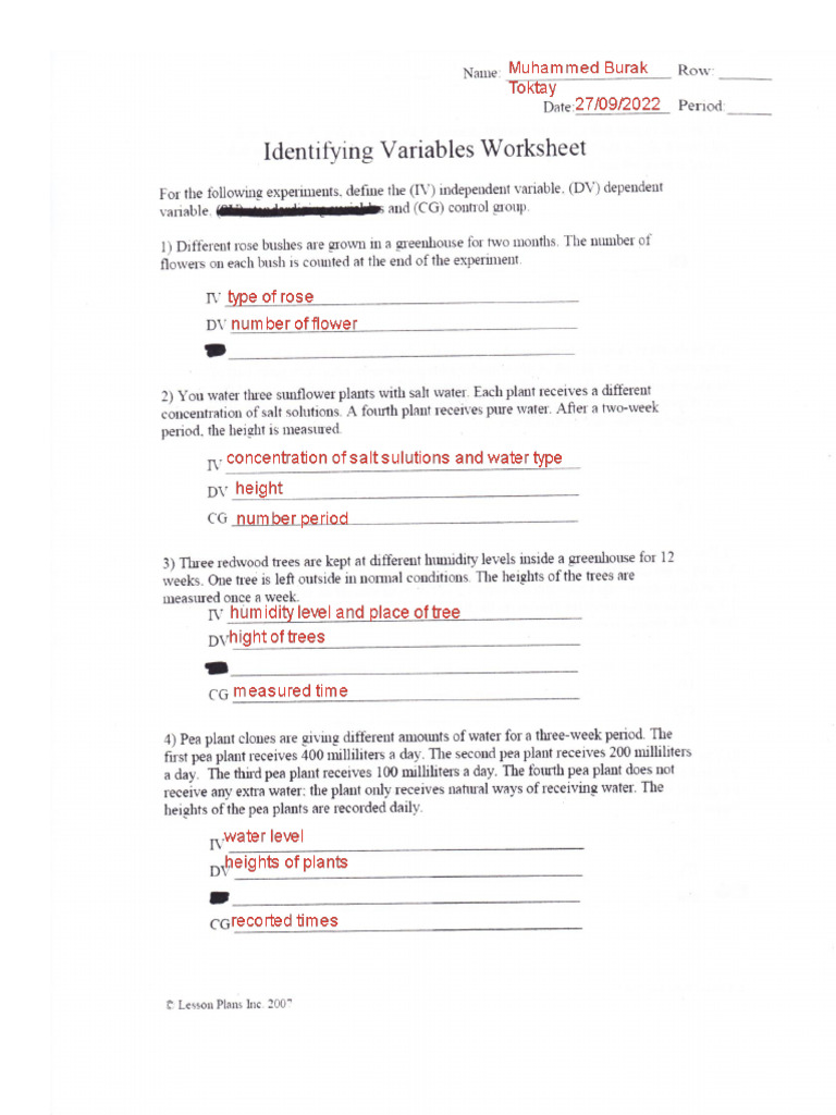 Identifying Variables Worksheet PDF