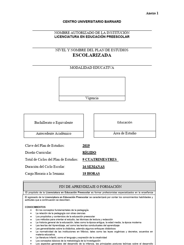 Plan de Estudios Licenciatura Preescolar | PDF