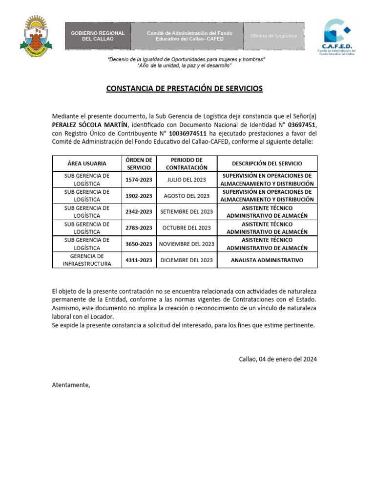 Constancia de Servicios - Cafed - 2023 - Peralez Socola Martin | PDF ...