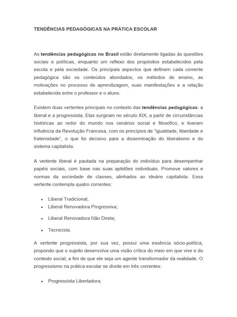 TENDÊNCIAS PEDAGÓGICAS NA PRÁTICA ESCOLAR | PDF | Pedagogia | Aprendizado