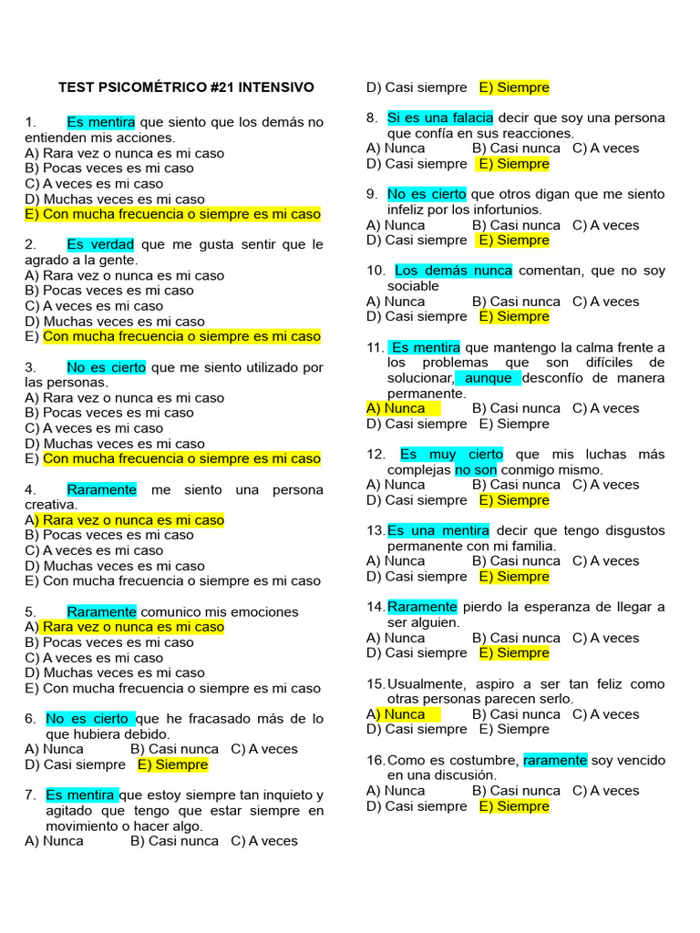 Test Psicométrico Laboral Resuelto | PDF | Mentira | Verdad