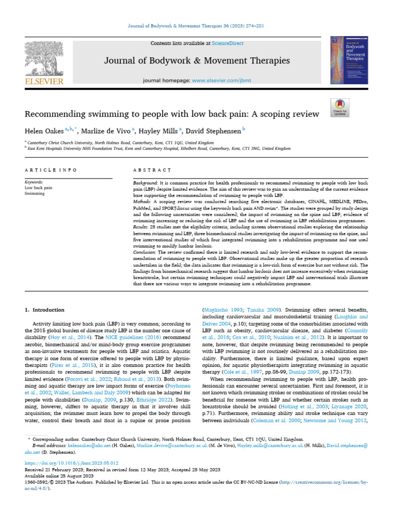 Recommending Swimming To People With Low Back Pain | PDF | Systematic ...