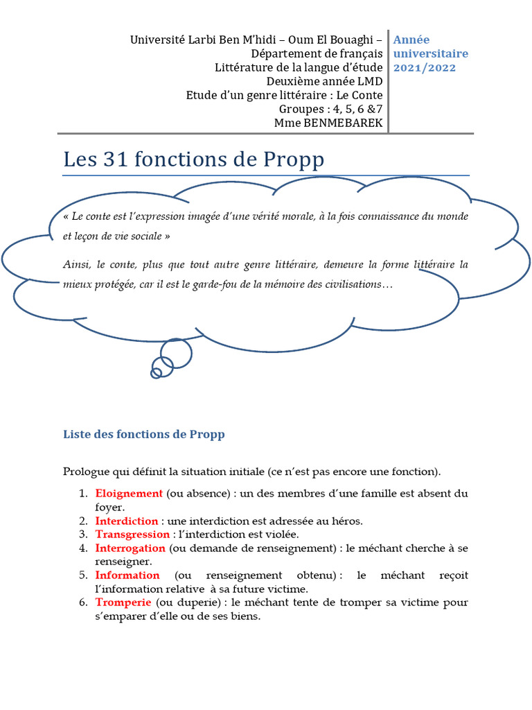 Les 31 fonctions du conte de Propp | PDF