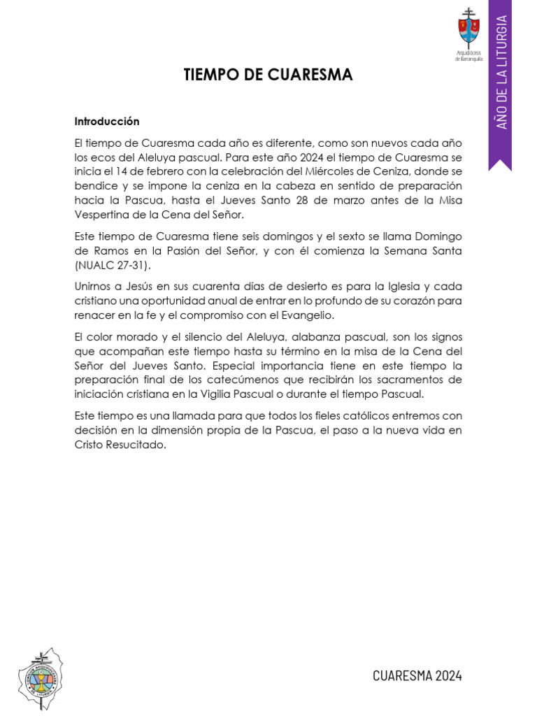 Tiempo De Cuaresma 2024 Catequesis E Indicaciones Liturgicas Pdf