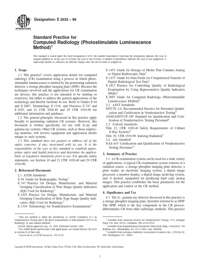 Standard Practice For Computed Radiology (PLM) E-2033-99 | PDF ...