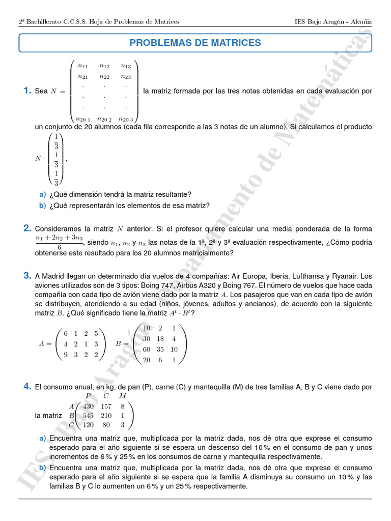 2BTO_ProblemasMatrices | PDF | Matriz (Matemáticas) | Transporte