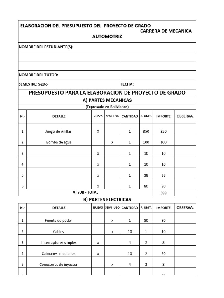 Presupuesto Final Proyecto de Grado | PDF | Componentes | Ciencia de ...