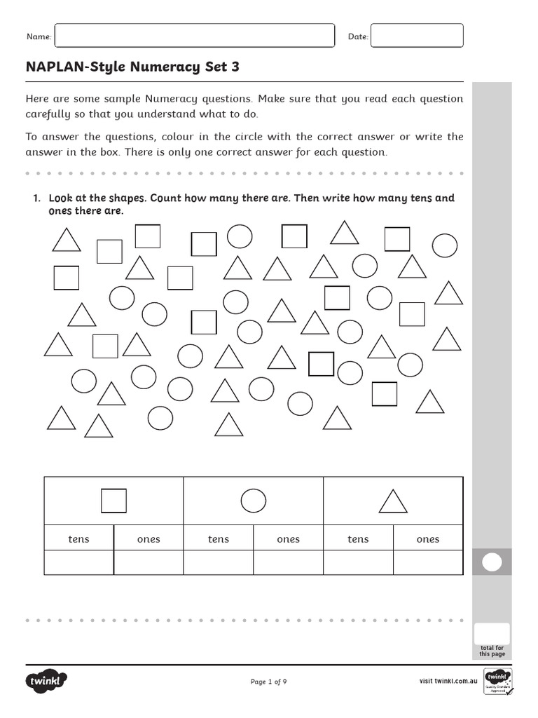 Year 3 NAPLAN Numeracy Practice Set | PDF | Area | Geometry