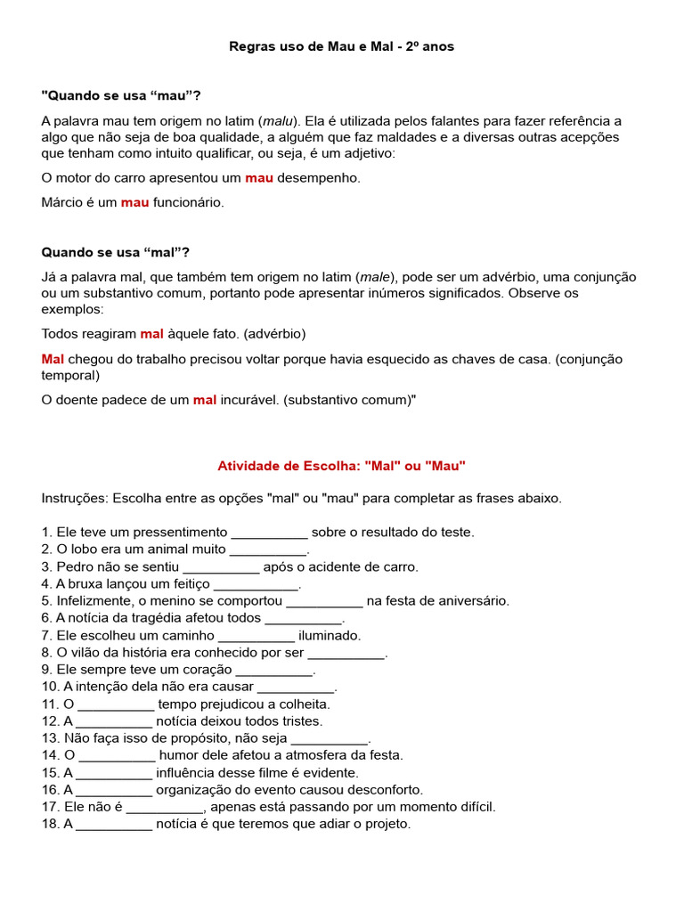 Uso de Mau e Mal: Regras e Atividades | PDF