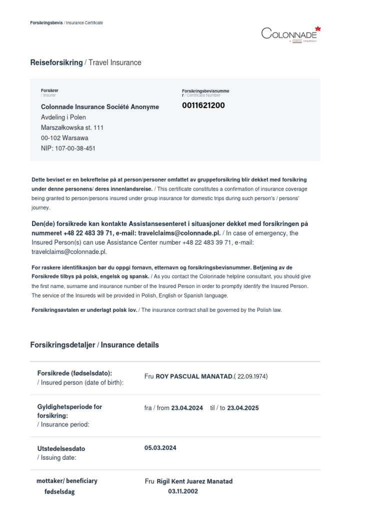 Roy Manatad Colonnade Insurance | PDF