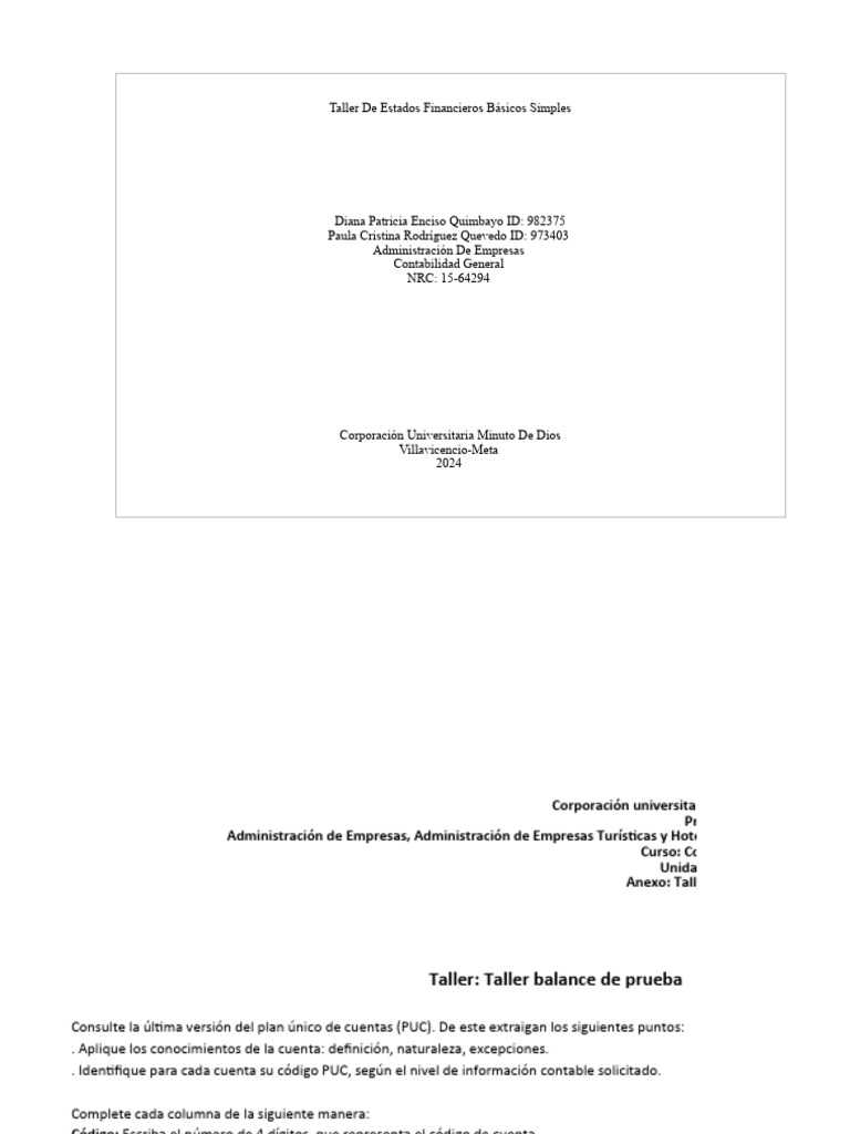 Taller De Estados Financieros Pdf Contabilidad Estado Financiero