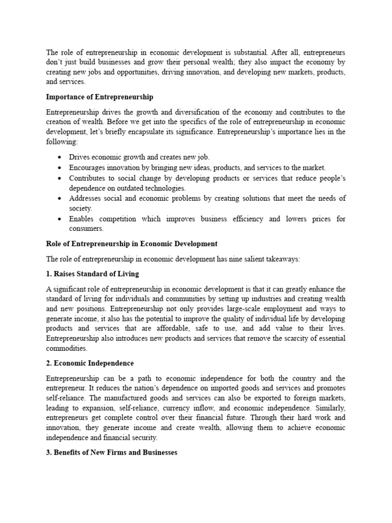 The Role of Entrepreneurship in Economic Development Is Substantial ...