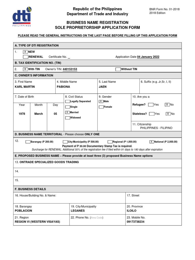 Sole Proprietorship Business Name Form | PDF | Identity Document | Expense