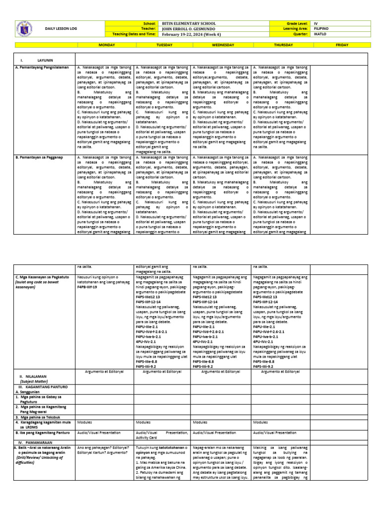 DLL Filipino4 Q3 W4 | PDF