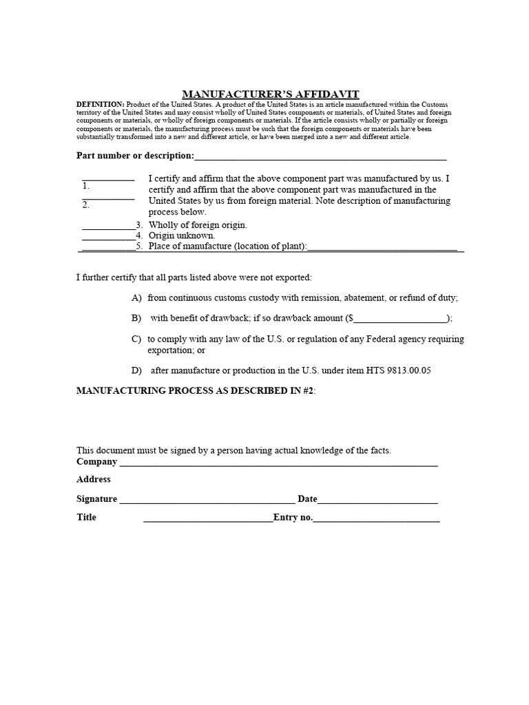 Manufacturer's Affidavit Overview | PDF