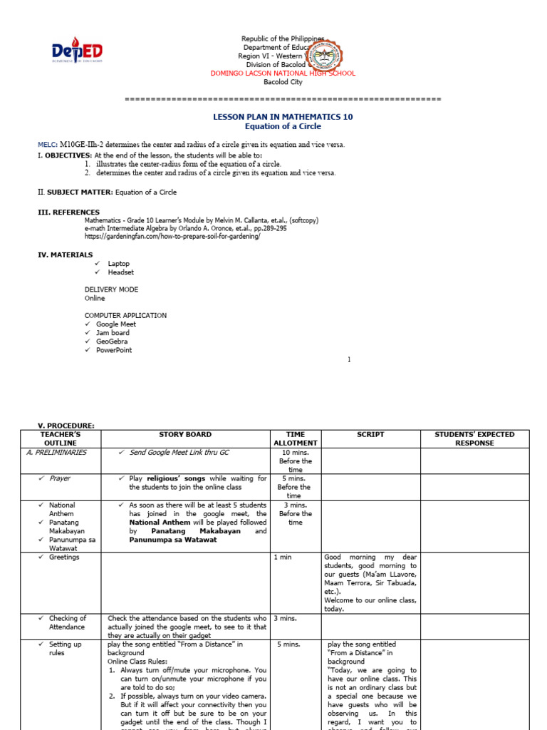 Math 10 Lesson Plan Circle Equations Pdf Circle Cartesian