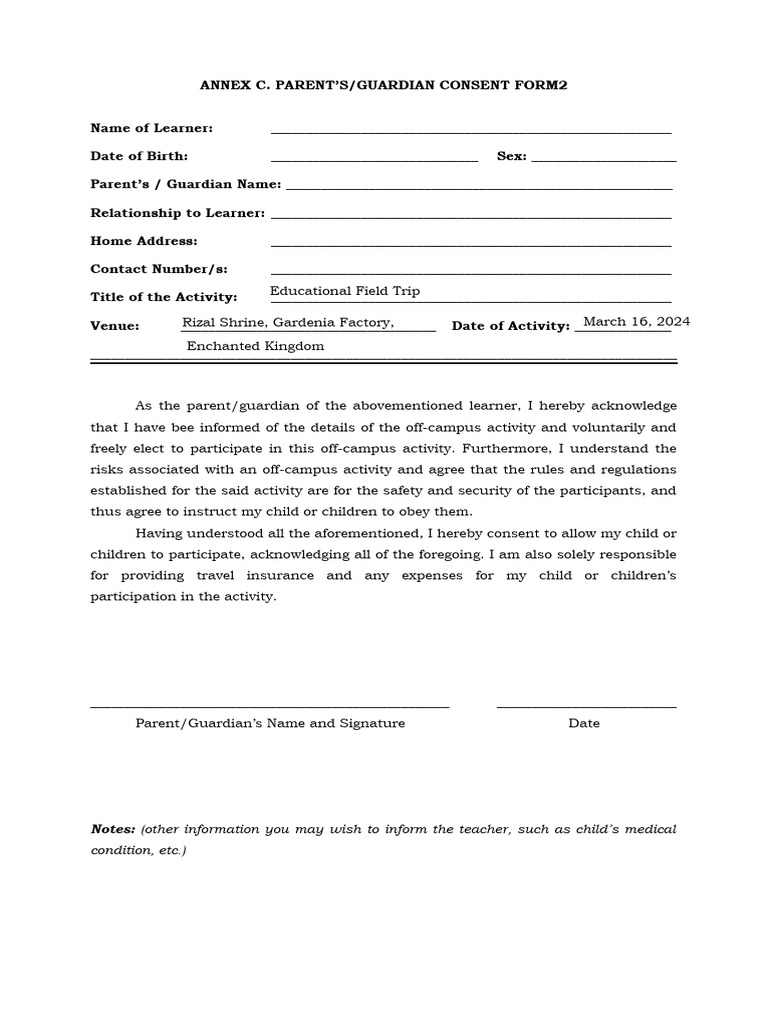 Parent/Guardian Consent for Activity | PDF | Wellness