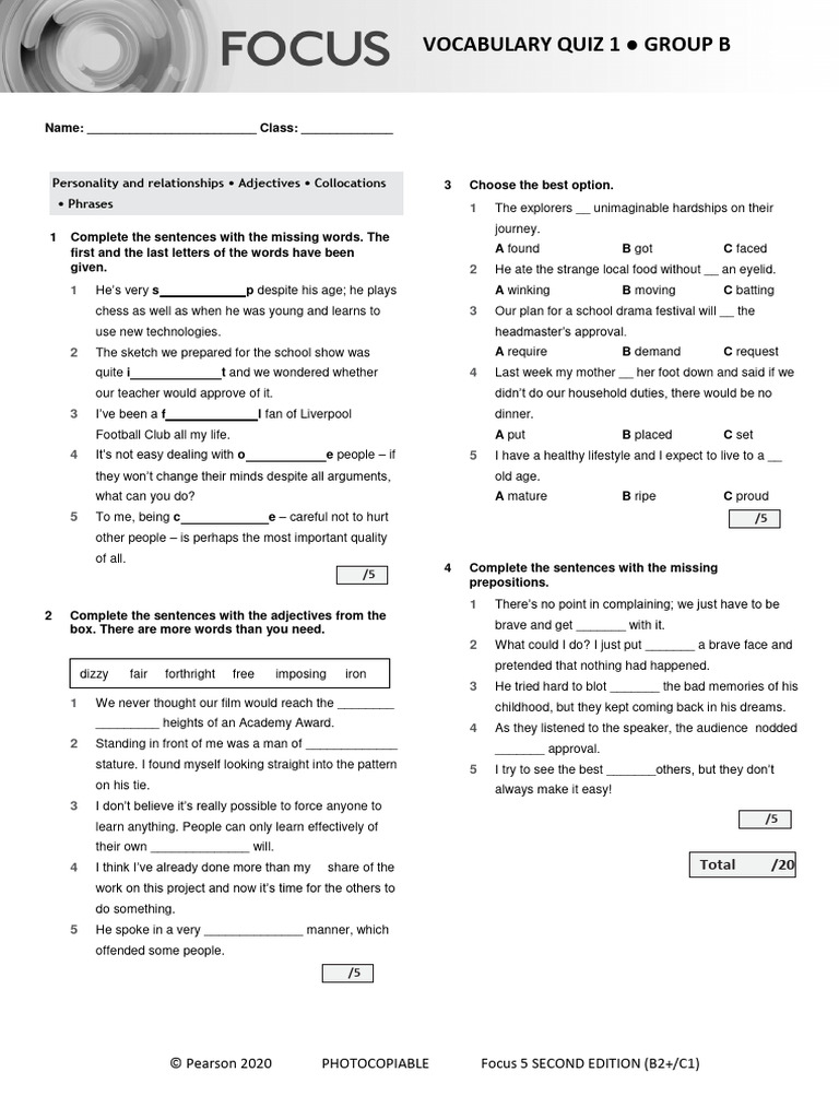 Focus5 2E Vocabulary Quiz Unit1 GroupB | PDF | Linguistics