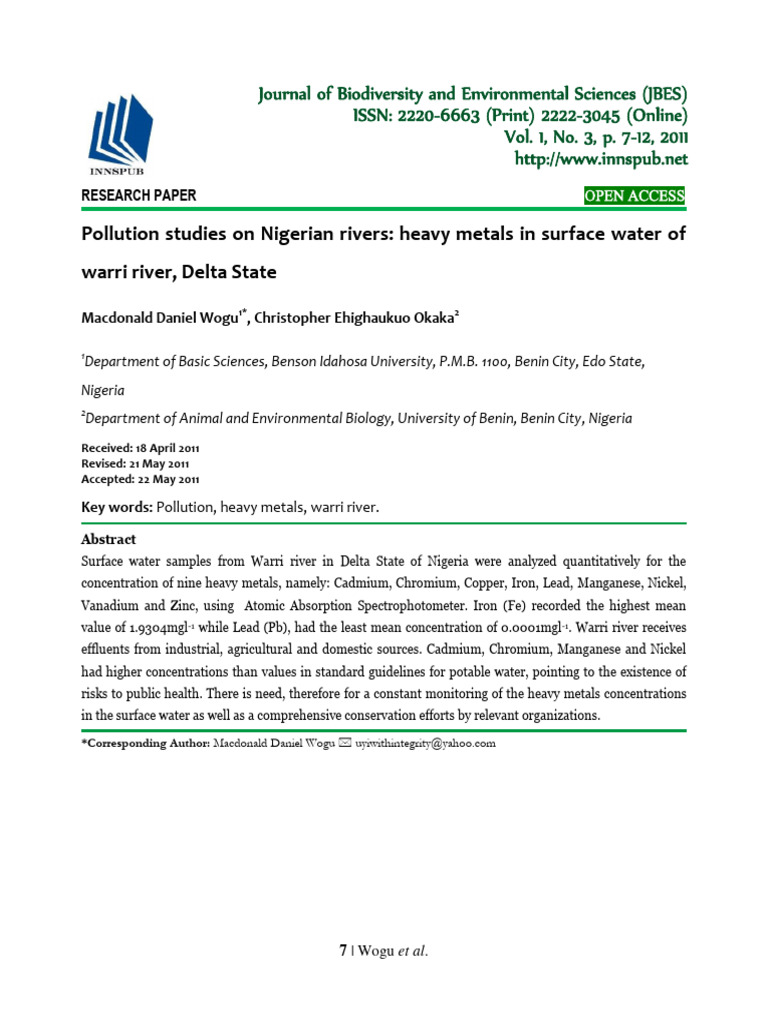 Pollution Studies On Nigerian Rivers: Heavy Metals in Surface Water of ...