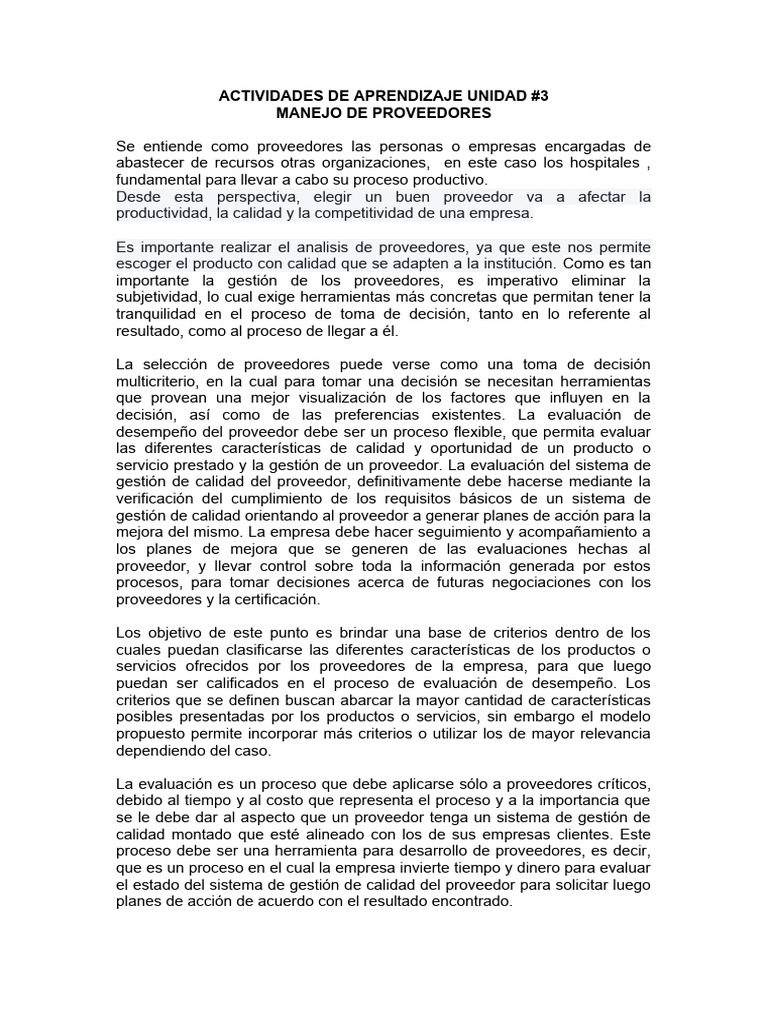 Actividad de Aprendizaje Unidad #3 | PDF | Calidad (comercial ...
